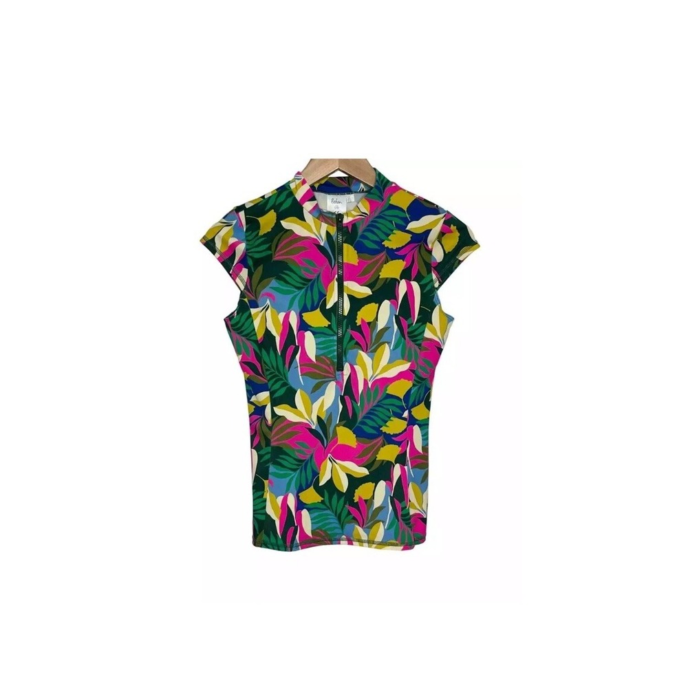 Boden Womens Cap Sleeve Rash Guard Swim Top 6 S Green Floral Tropical Beach